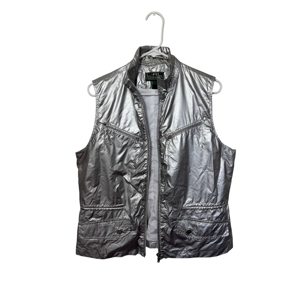 Lauren Active Ralph Lauren Womens Silver Vest Large Metallic Zip Up Nylon Large